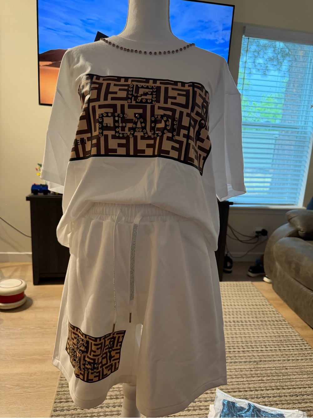 White Women’s Cargo Shorts with Brown Geometric Accent